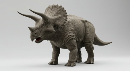 Fototapeta premium Gray Triceratops standing alert against a light gray background