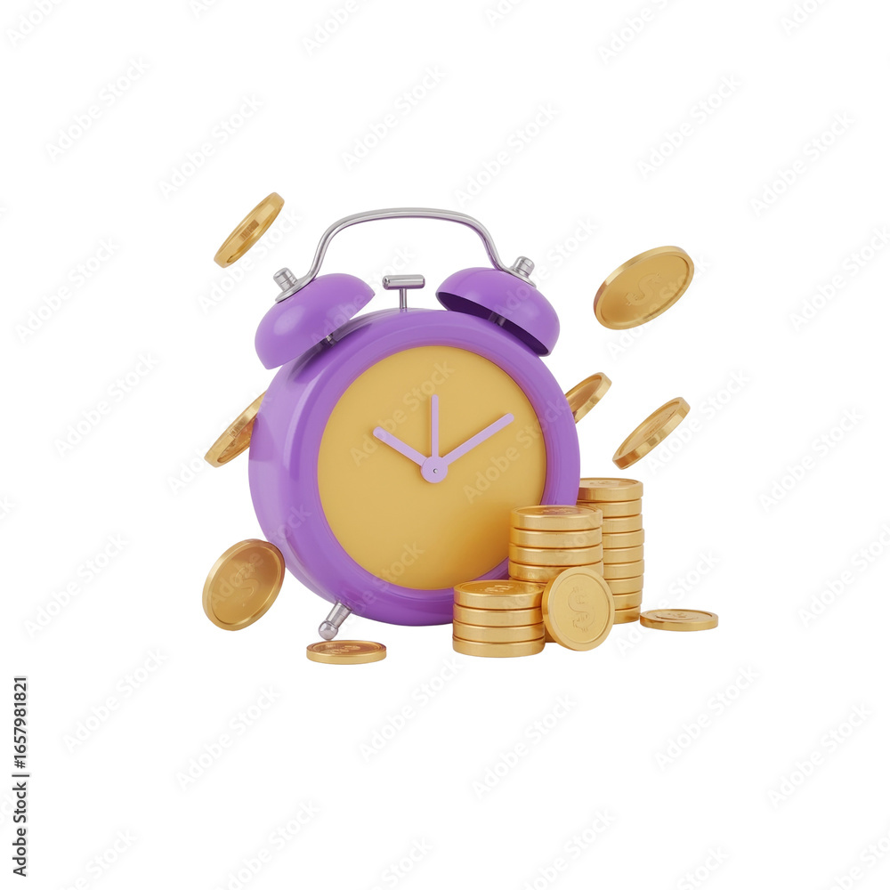 Poster time management conceptual design featuring a stylish alarm clock and a stack of golden coins