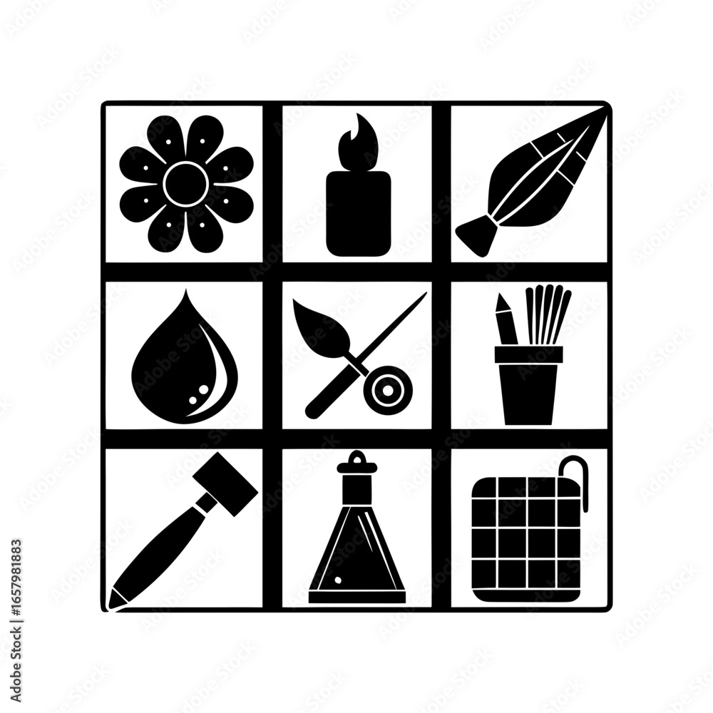 Poster collection of artistic and creative tools arranged in a nine square grid in black and white color sc