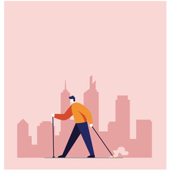 Active person cross-country skiing with a city skyline in the background, depicting outdoor urban sport, leisure, and a healthy lifestyle.