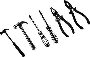 hand tools set vector with hammer screwdrivers and pliers silhouette