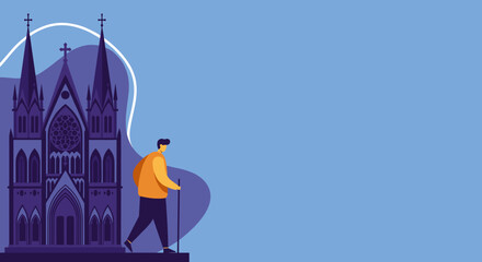 Person walking towards a majestic Gothic cathedral, symbolizing exploration, historical travel, or spiritual journey. Ideal for cultural, or travel content. © Picassology