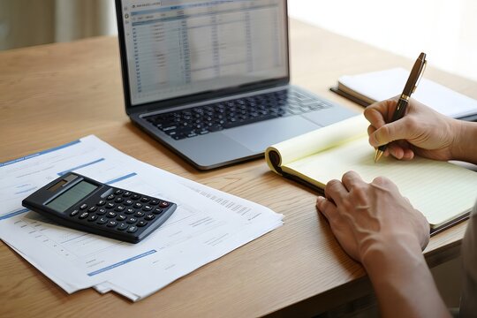 Financial planning budget analysis spreadsheet calculator laptop notepad pen accounting - Powered by Adobe