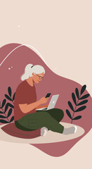 Elderly woman comfortably engaging with laptop and smartphone. Represents modern digital literacy, online connection, and a contemporary senior lifestyle.