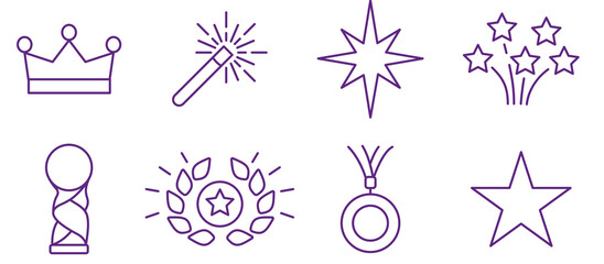 Collection of stylized icons representing achievement, victory, and magical success