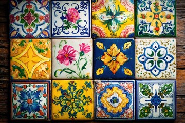 Colorful patterned ceramic tiles arranged in a grid on a wooden surface