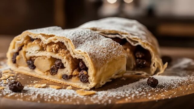 Close up apple strudel slice with flaky pastry spiced filling and powdered sugar rustic wooden board setting perfect for dessert photography