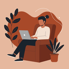 Person working remotely from a comfortable armchair at home, using a laptop. Ideal for concepts of freelance work, online education, or modern digital lifestyle.