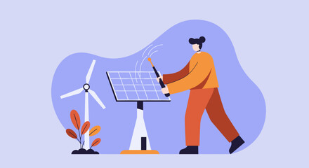 Person activating renewable energy with a solar panel and wind turbine, symbolizing sustainable power, environmental care, and a green future. Ideal for eco-friendly concepts.