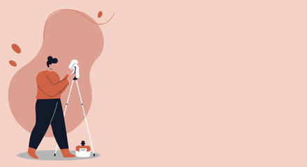 A modern flat-design illustration of a focused person setting up a camera on a tripod, perfect for creative work, content creation, or online business concepts.
