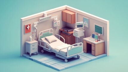 A Modern Hospital Room with Bed and Medical Equipment in 3D Design