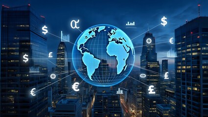 Global finance and economy concept with currency symbols and city skyline background image