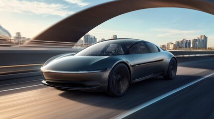 Sleek Futuristic Car on Urban Road with Modern City Background