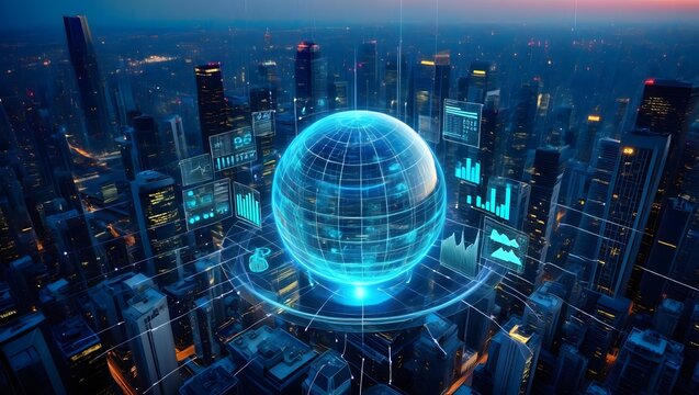 Global network city data visualization futuristic technology business intelligence
