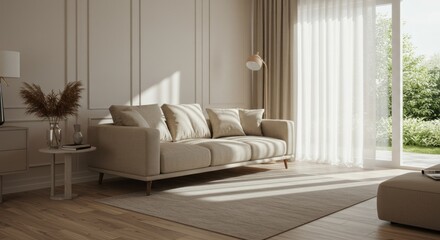 Fototapeta premium Sunlit living room with beige sofa, sheer curtains, wood floors, and minimalist decor; natural light streams in from glass doors opening onto a green garden
