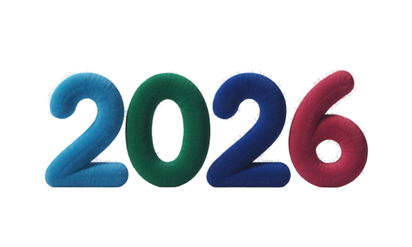Fluffy year "2026" digits rendered in blue, green, blue, and red