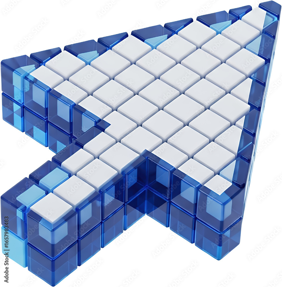 Fototapete 3d abstract cursor arrow constructed from transparent blue cubes and white squares computer digital 