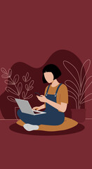A young person works remotely, using a laptop and smartphone in a cozy home setting. Represents modern digital lifestyle, remote work, and online communication.