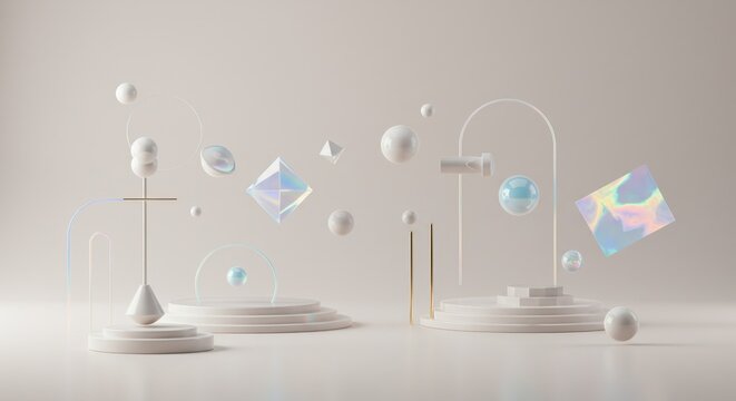 Abstract composition with floating, iridescent geometric shapes, orbs, and minimalist architecture against a light background