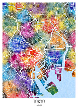 Tokyo Japan City Map. Watercolor travel downtown, city modern painting, artistic creative art, conceptual fantasy contemporary, graphic digital artwork, concept abstract poster,