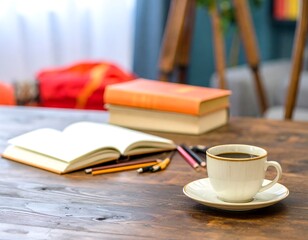 Coffee, books, and stationery on a wooden table