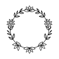 wreath floral frame line art on white background