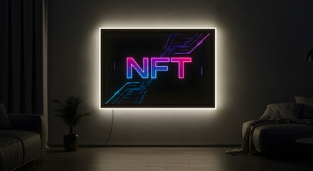 Futuristic NFT Digital Art Display: Large Screen with Glowing Neon Text and Circuit Patterns in a Modern, Dark Room Interior