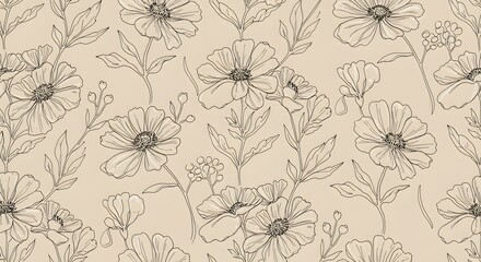 Fototapeta premium Elegant Wildflower Line Art A Seamless Botanical Pattern on a Soft Beige Canvas.