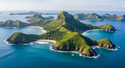 Obraz premium Aerial view of lush green Karst Limestone Towers rising from turquoise ocean water, showcasing a vibrant tropical island landscape with white sand beaches.