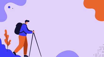 Fototapeta premium Man hiking with backpack and trekking poles, enjoying outdoor adventure and nature. Concept for travel, healthy lifestyle, and exploration.