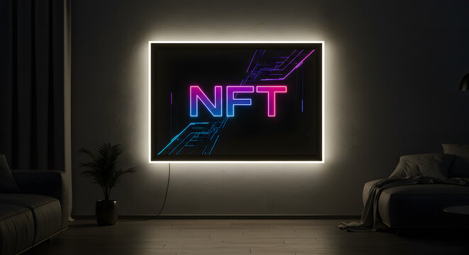 Futuristic NFT Digital Art Display: Large Screen with Glowing Neon Text and Circuit Patterns in a Modern, Dark Room Interior