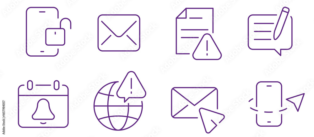Poster collection of modern line icons representing communication and alerts