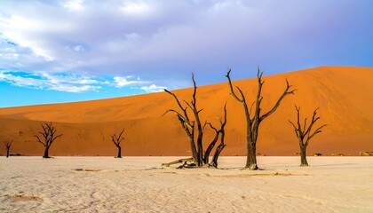 Dead trees stand against a dramatic backdrop of a vibrant orange sand dune landscape under a pale sky.