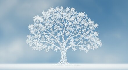 Obraz premium A tree silhouette crafted from snowflakes against a serene, light blue cloudy sky. It represents winter with a simple elegance