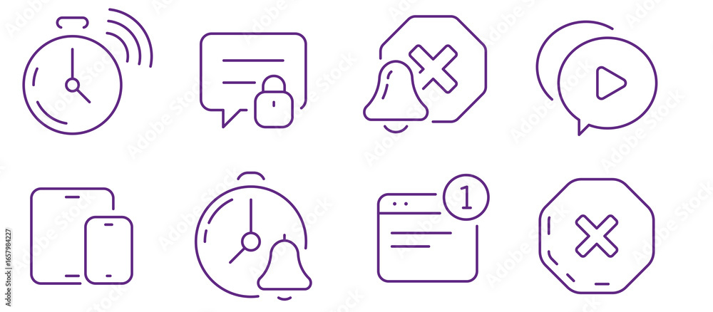 Poster collection of digital icons representing notifications, timers, and alerts on devices.