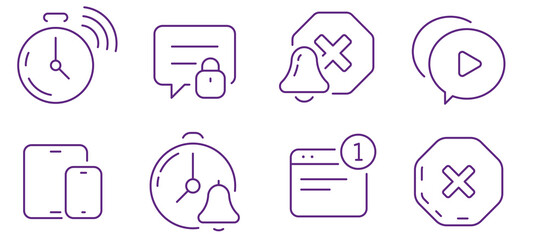 Collection of digital icons representing notifications, timers, and alerts on devices.