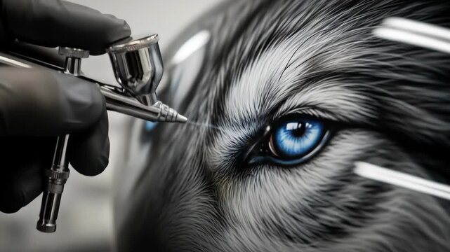 Artist airbrushing a realistic wolf eye with a chrome tool in a professional art studio