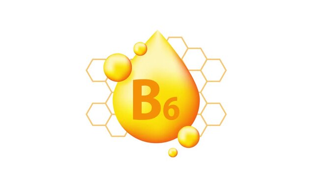 Vitamin B6 golden drop with honeycomb and bubbles on white and green screen