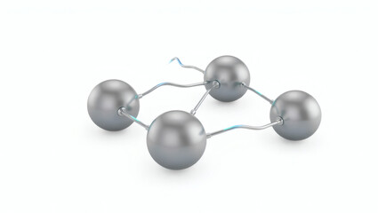 Abstract 3D rendering of a molecular network structure with metallic spheres and glowing blue connections on a white background.