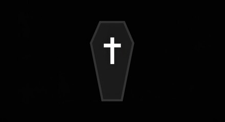 Obraz premium A simple, stylized image features a black coffin with a prominent white Christian cross on its lid, set against a deep black background