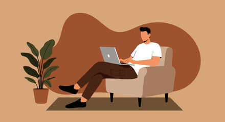 Man working on a laptop while comfortably seated in an armchair at home, ideal for remote work, online learning, or digital lifestyle concepts.