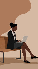 Focused Black businesswoman working remotely on a laptop, sitting on a bench. Illustrates productivity, technology, and modern professional life.