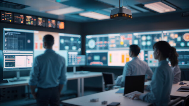 A hightech control room with a team monitoring screens, showcasing advanced technology and data analysis for security