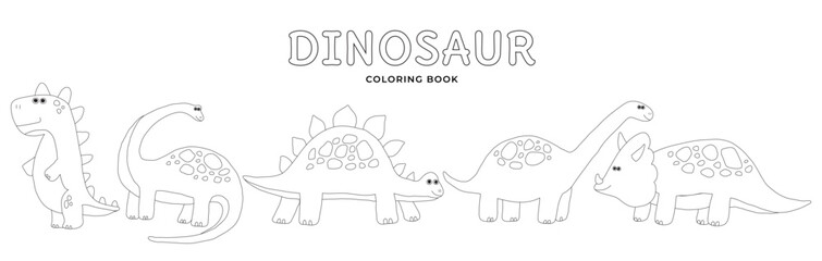 Collection of dino characters for coloring book. Childish Dinosaur doodle drawing set. Coloring page for kids.  