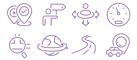 Collection of navigation and travel icons, including location pins, directions, global travel, and speed.