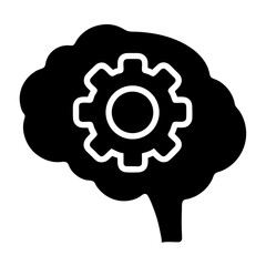 Brain with gear symbol represents thought process, intelligence, or problem solving