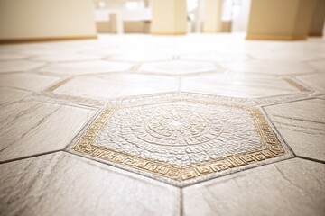 Close-up view of a light beige hexagon tiled floor with gold patterned center