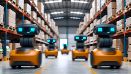 Autonomous robots navigating a modern warehouse for efficient logistics and automation