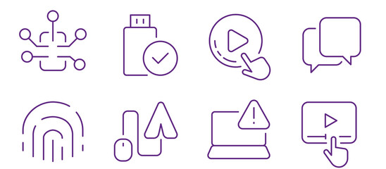 Modern digital technology icons representing data transfer, user interface, and communication.