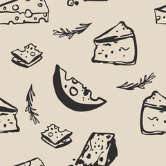 Hand drawn cheese whimsical hand drawn food seamless pattern background. Ideal for food wrapping paper, product desk, box